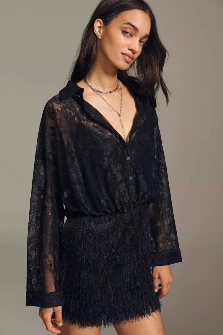 Anthropologie Maeve Fringe Lace Twofer Mini Shirtdress in Black Size M NWT $198
